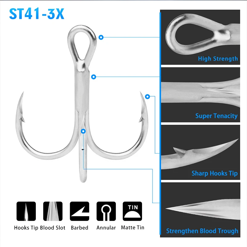 St41 3x Traditional Long Shank Round Bend Cutting Point 3x Treble Hook High Carbon Steel