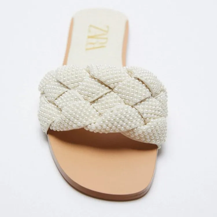 

Zar DTM Women's Flat Sandal with a white faux pearl strap trim casual flat heels flip-flops