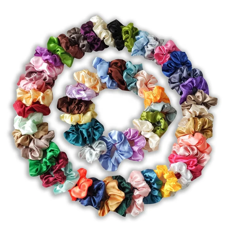 

MIO 54 Colors Assorted Custom PackingFashion Women's Bulk elastic Hair Scrunchies Solid Satin Head Ties Ponytail Loop For Girls