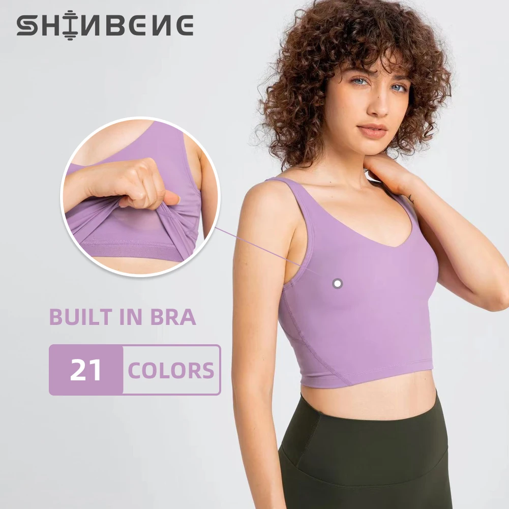 

SHINBENE Custom Logo V Neck Gym Yoga Crop Top Bra Woman Sport Workout Tank Top Plus Size with Built in Bra