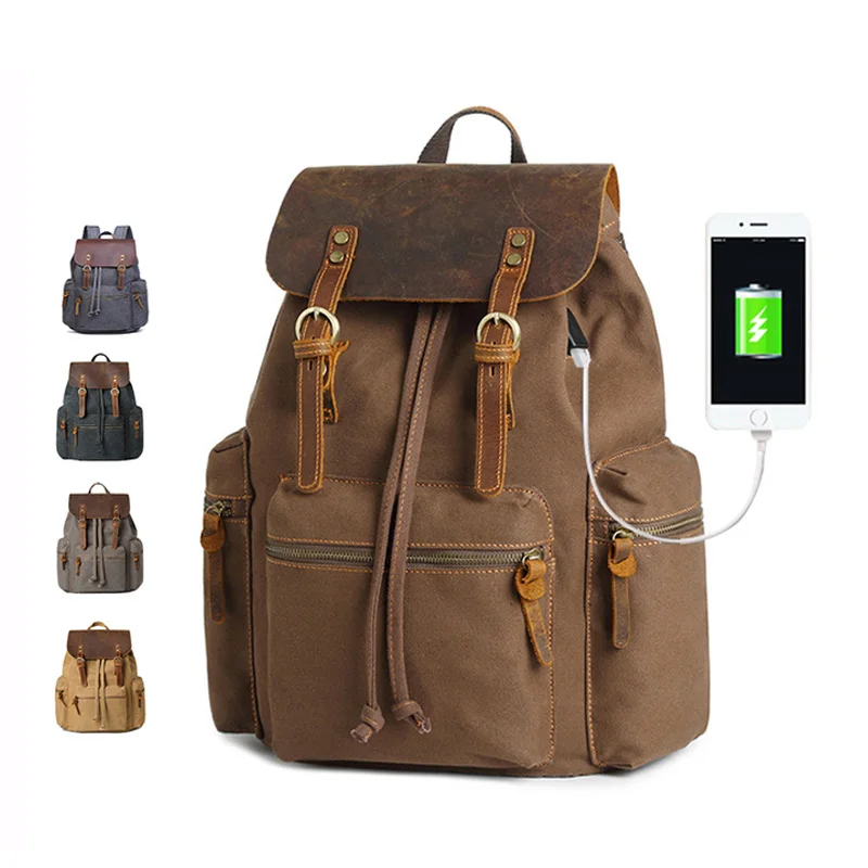 

Fashion vintage simple daily business travel stylish waterproof smart usb charging port notebook bagpack canvas laptop backpacks