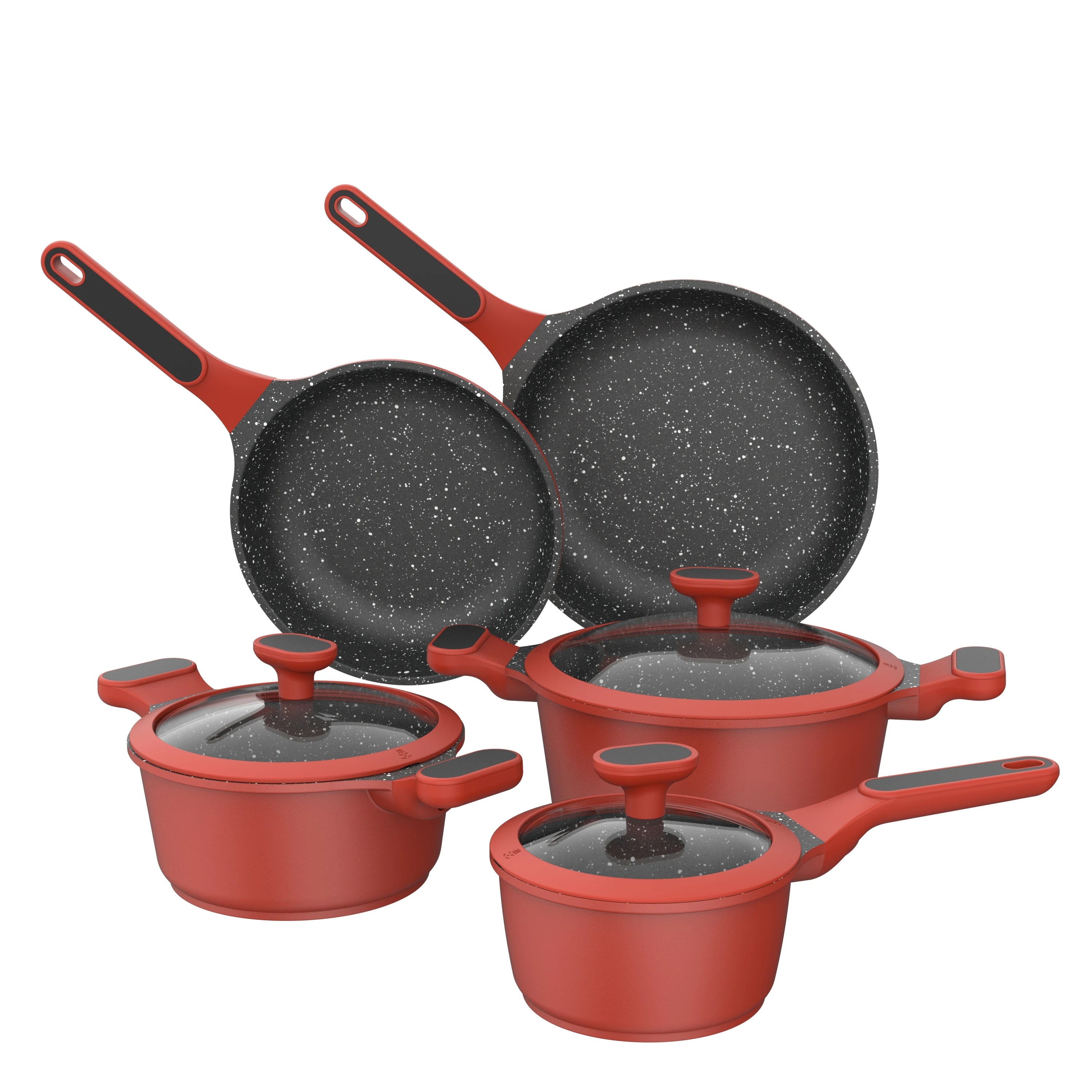 

BESCO Stock Escalation Series 8pcs Household Non Stick Casting Aluminum Cookware Set Cooking Pot Set with Ergonimic Handle Red