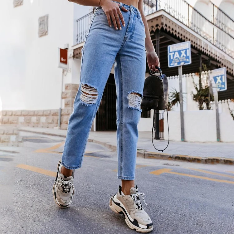 

Trendy 2021 Summer Ripped High Rise Straight Jeans Denim Straight High Waisted Trousers Street Wear -YS, Blue