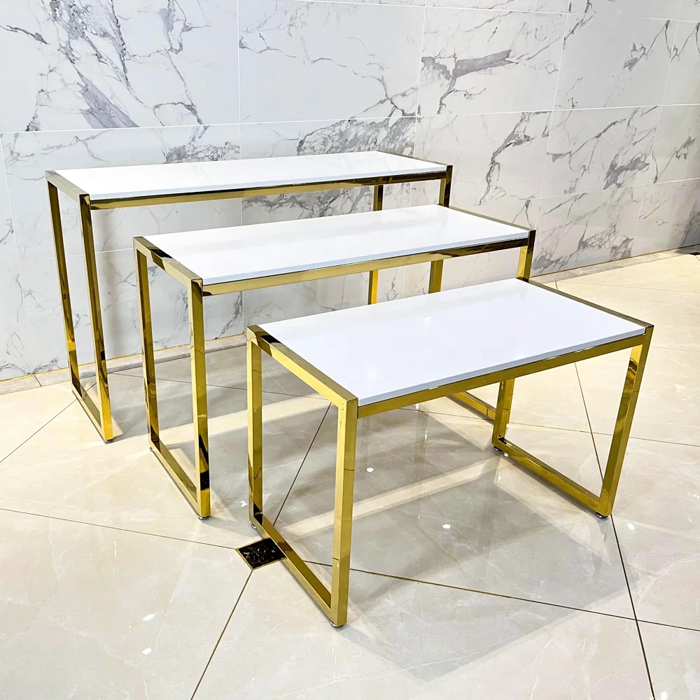 

Boutique Clothing Store Shiny Gold Stainless steel Set Nesting Table Display Rack For Shop Furniture Retail