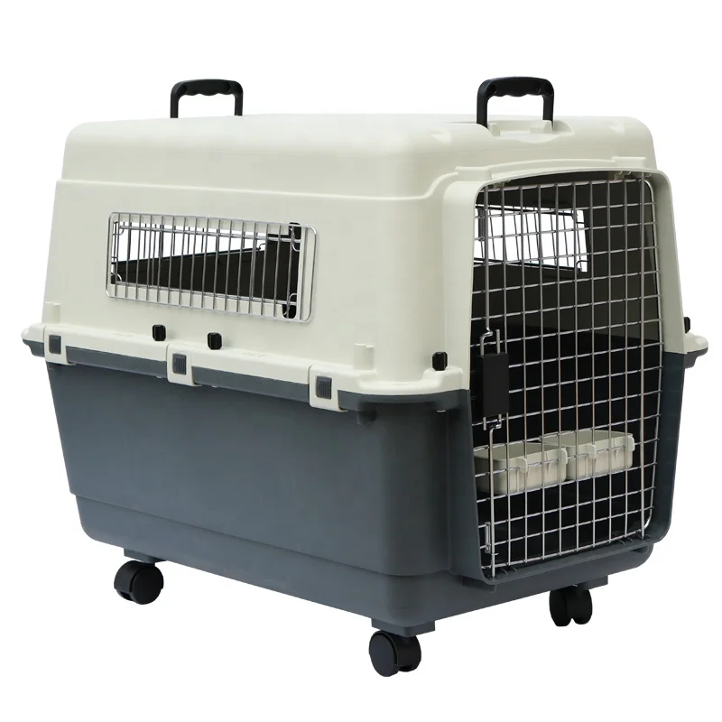 

IATA Plastic Airline Shipping Approved Dog Transport Box Pet Cages Bag Carrier And Travel Crates Kennel, Beige + dark gray, dark