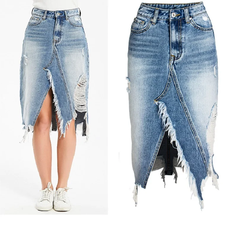 

2021 new arrivals Irregular fringe ripped denim skirt women's mid-skirt hip denim skirt