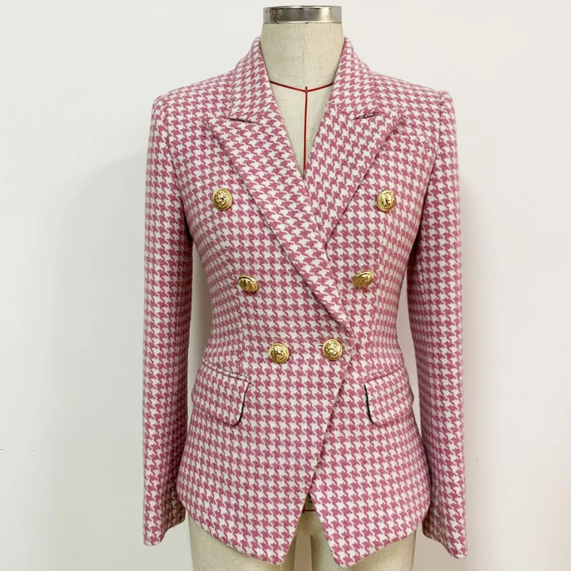 

High quality 2021 stylish lion button double breasted pink kilebird plaid wool blazer for women, Picture