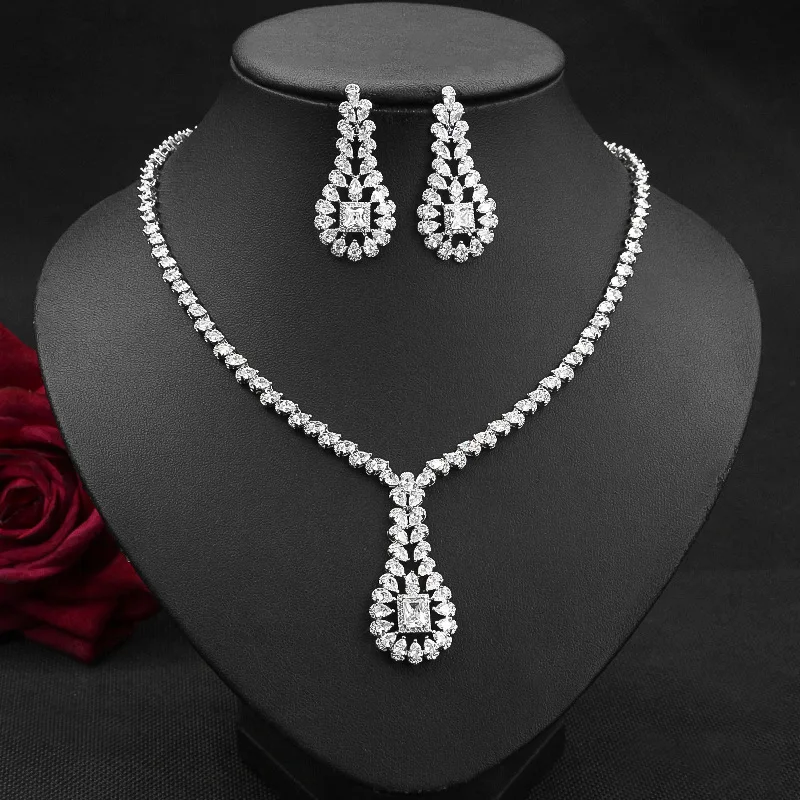 Custom Platinum Pear Shaped Diamond Wedding Necklace Earrings Jewelry Set