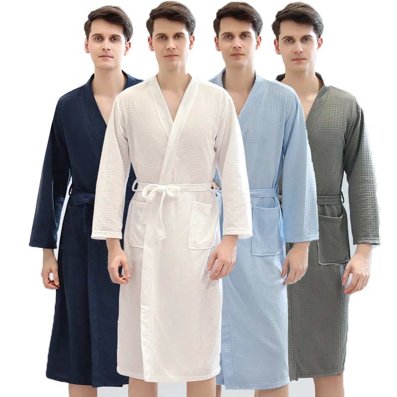 

Waffle Japanese Kimono Bathrobe Long Nightgown Pajamas Sweat Steaming Suit Men's Summer Thin Home Robes Waffle Pattern Polyester