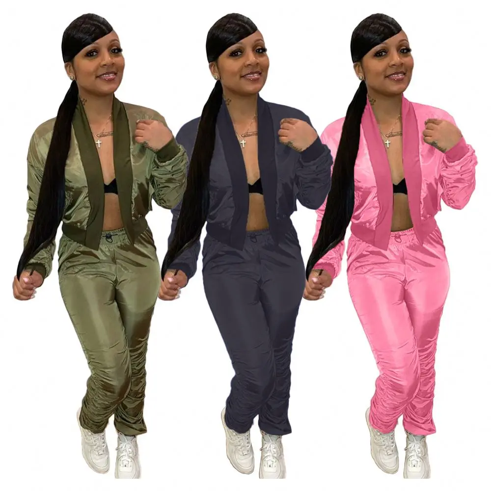 

2021 Sexy Women Matching Set Sweatsuit Jogging Sold Color Jacket Stacked Pants Women Yoga 2 Piece Pants Set