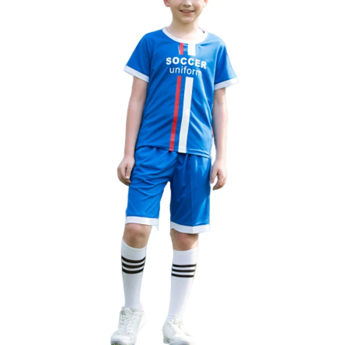 

Quick Dry Feature Kids Training Soccer Uniform Blue Team Sport Jerseys Set Sublimation Boys Football Uniform Kits, Colors