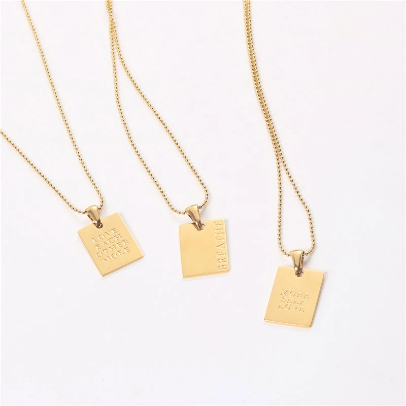

Trendy 18K Gold Plated Engraved English Proverbs Inspirational Quotes Stainless Steel Rectangle Pendant Necklace