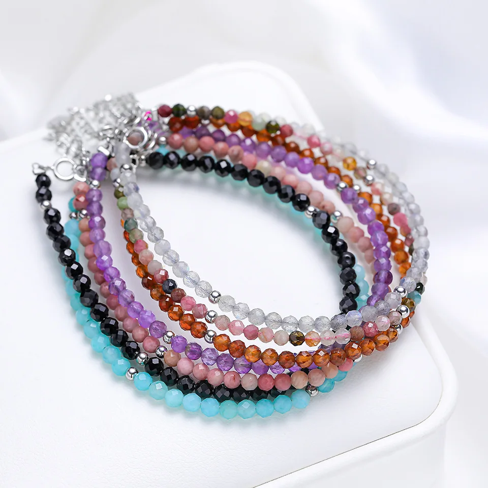 

Latest Design 3mm Natural Stone Gemstone Small Sterling Silver Beaded Clasp Bracelet Women