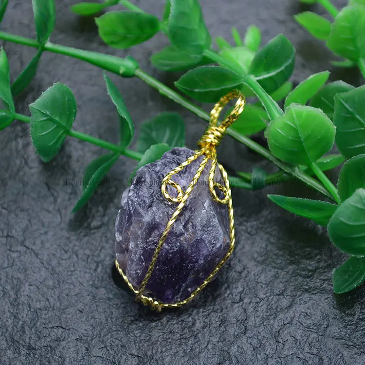 

Natural Amethyst Gold color Wire Wrapped Stone Chunk Nugget Pendant fit Necklace making