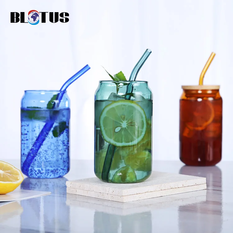 

Hot sell RTS 16OZ colorful Glass Tumbler Drinking Glasses Set glass coffee Beer cup Bee Can glasses Glass cup with straw
