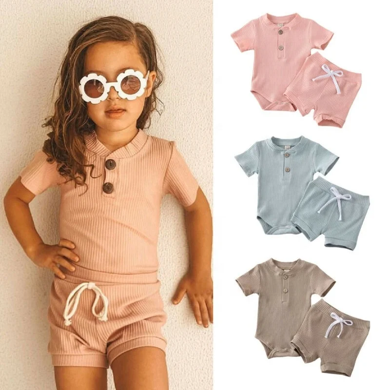 

Australia US INS Fashions Baby Outfits Summer Short Sleeve Front Buttons Tops Rompers Cloths Suits Baby Kids Clothing Set, Picture shows