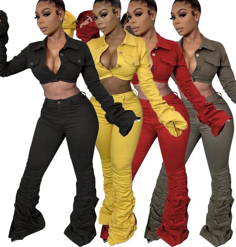 

Women 2 Piece Set Sexy Solid Draped Button Crop Top Jacket High Waist Bodycon Stacked Leggings Club Outfit, Picture