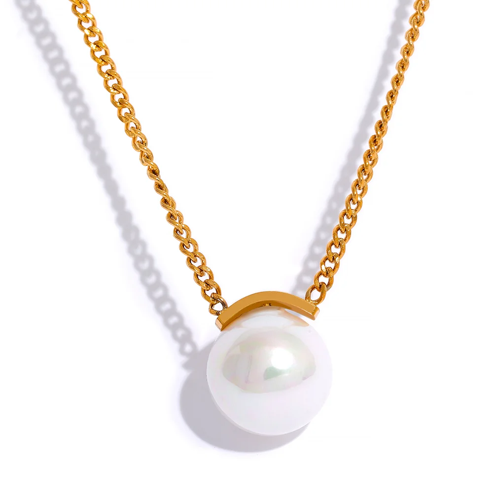 

JINYOU 2179 Minimalist Shell Pearl 10mm Ball Pendant Stainless Steel Chain Necklace Gold Plated Ladies Trendy Fashion Jewelry