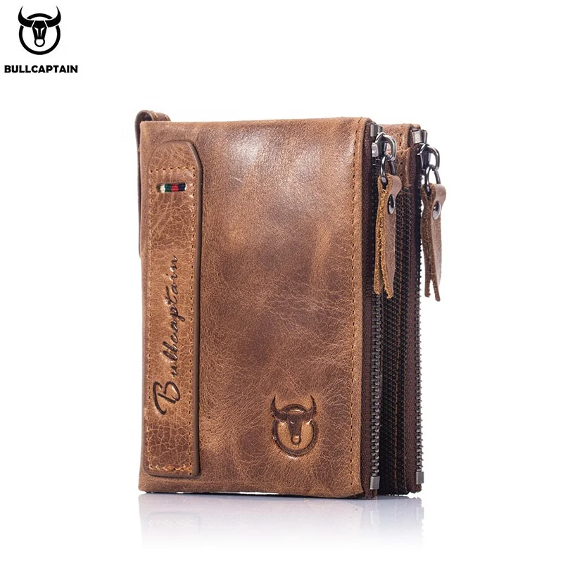 

BULLCAPTAIN retro leather men's wallet leather zipper buckle short money wallet card holder coin purse RFID wallet QB06