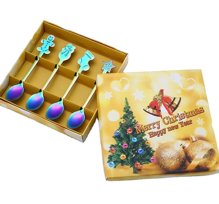 

Christmas Stainless Steel Spoon Set Coffee Spoon Spoons for Tea / Coffee with Gift Box Accepatable Blank/customized, Silver/gold/rose gold/rainbow/black/blue