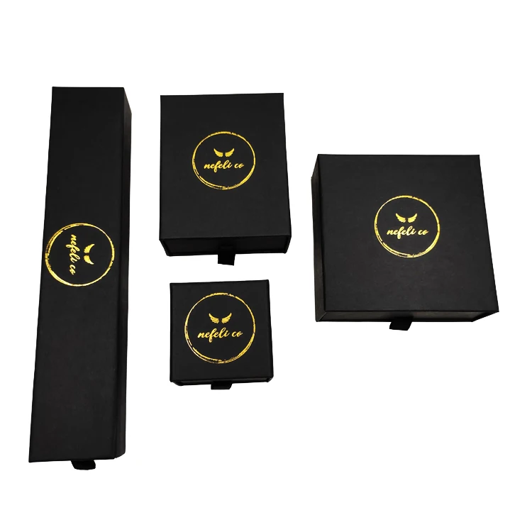 

Custom printed logo black paper jewelry packaging box ring earring pendant necklace bracelets bangles set box drawer gift box