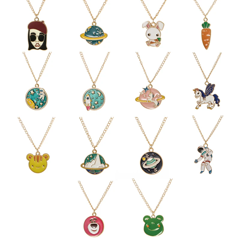 

Cute cartoon necklace unicorn Astronaut Ball Cat Rabbit pendant necklace long link chain 60 cm for woman kids jewelry gift