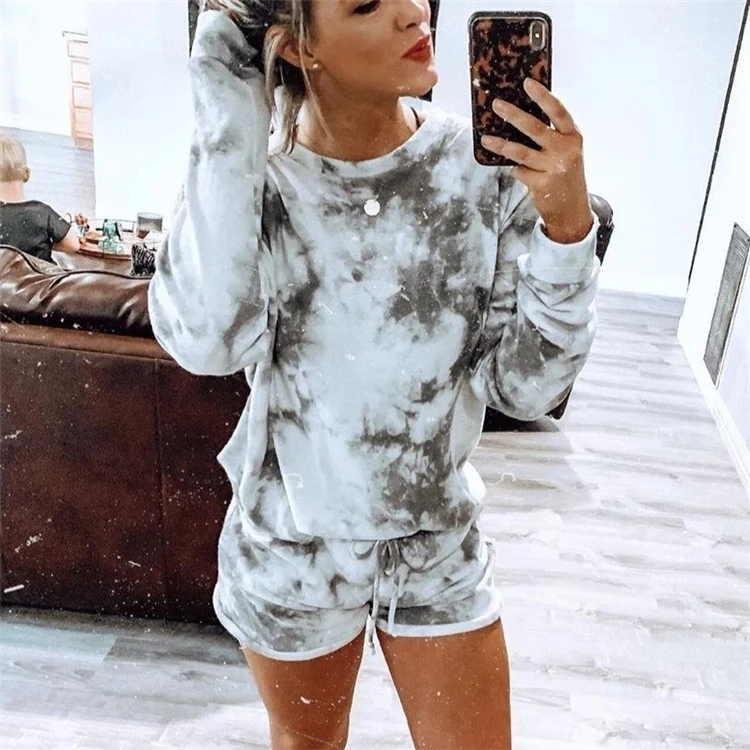

Wholesale New High Quality Fashion Soft Women Two Piece Tie Dye Pajamas Long Sleeve Tops Lounge Shorts Set