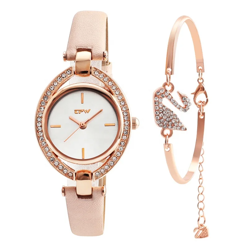 

Ladies Watch Black Bag Packing Quality Alloy Wholesale Women's Gift Set Watch Bracelet 3atm Waterproof Leather Round
