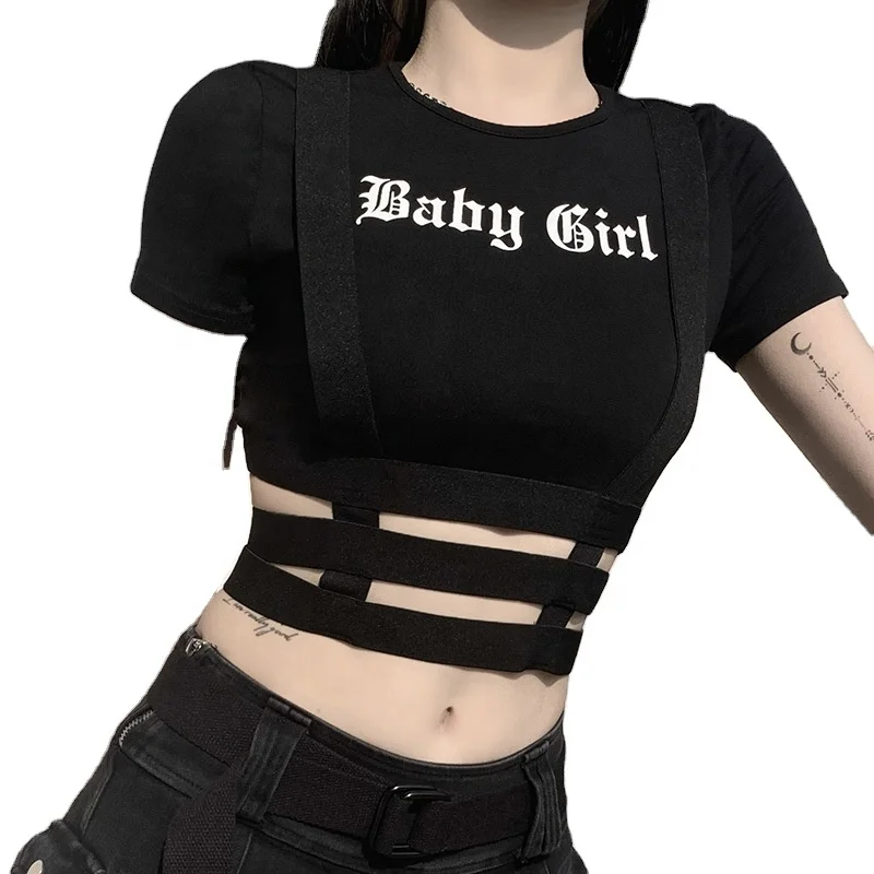

European and American summer sexy slim short sleeve letter printed T-shirt Irregular hollow topcoat with exposed navel