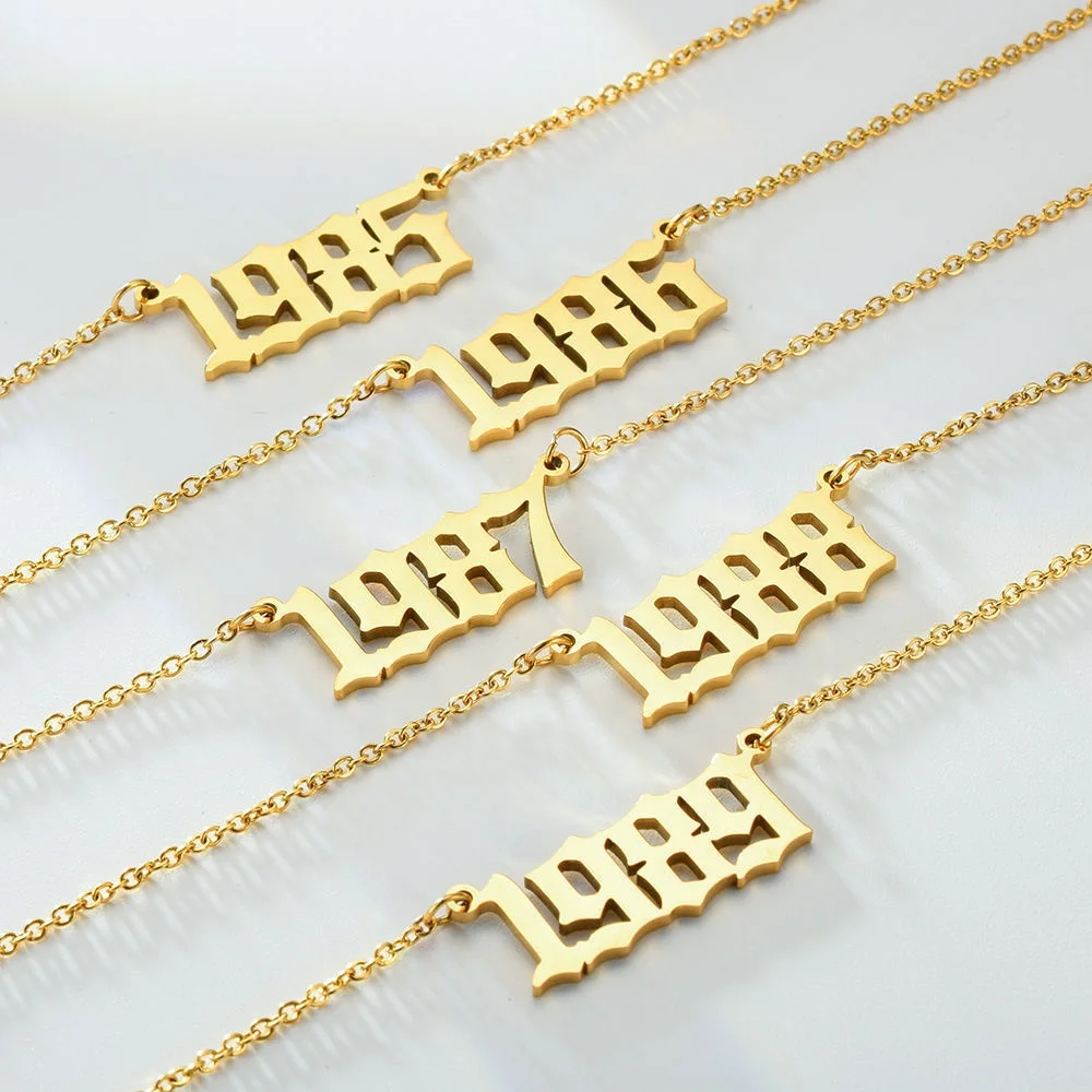 

Dainty Year Of Birth Number Pendant 18k Gold Plated Filled 316L Stainless Steel Jewelry Old English Birth Year Necklace