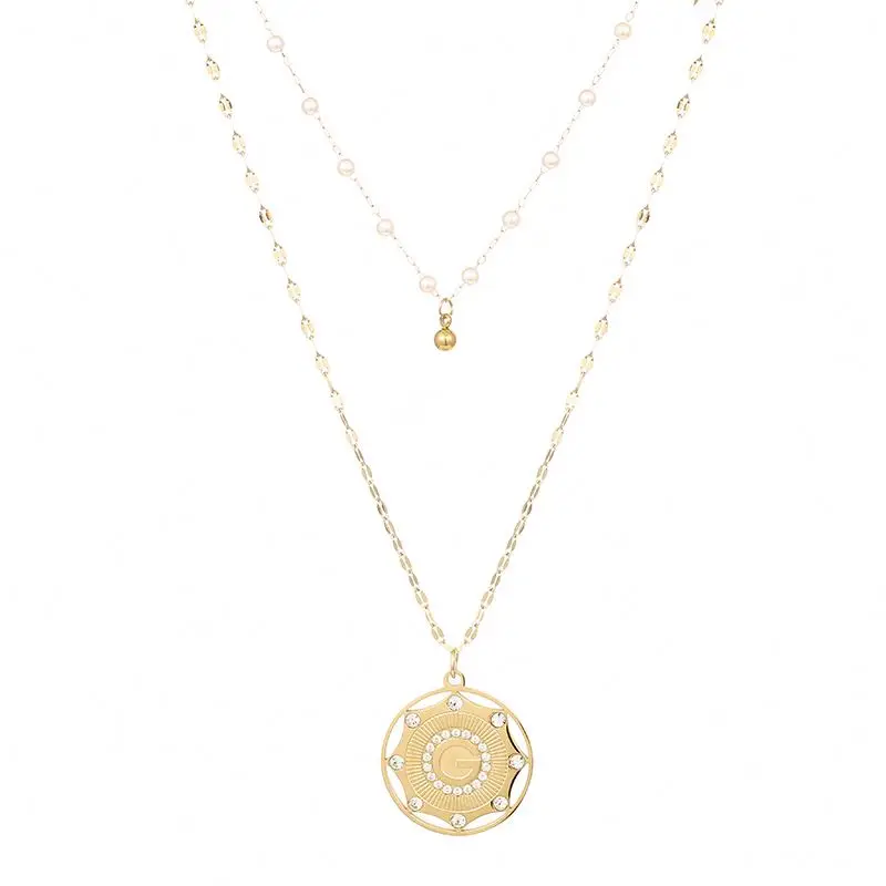 

Layered Gold Plated Initial Letter G Zircon Pendant Stainless Steel Pearl chain Necklace