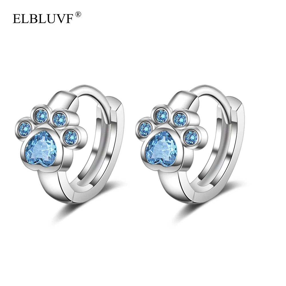 

ELBLUVF Free Shipping Blue CZ Stone Copper White Gold Silver Color Platinum Plated Cat And Dog Paw Print Earrings For Women, White gold color