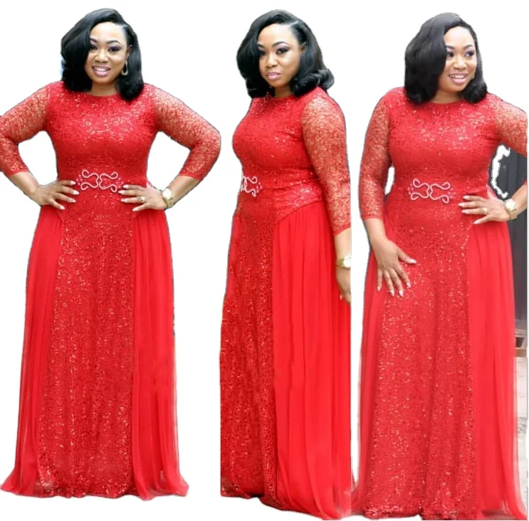 

African fashionable jumpsuit lace sequins chiffon round neck long sleeve dress high quality plus size long gown