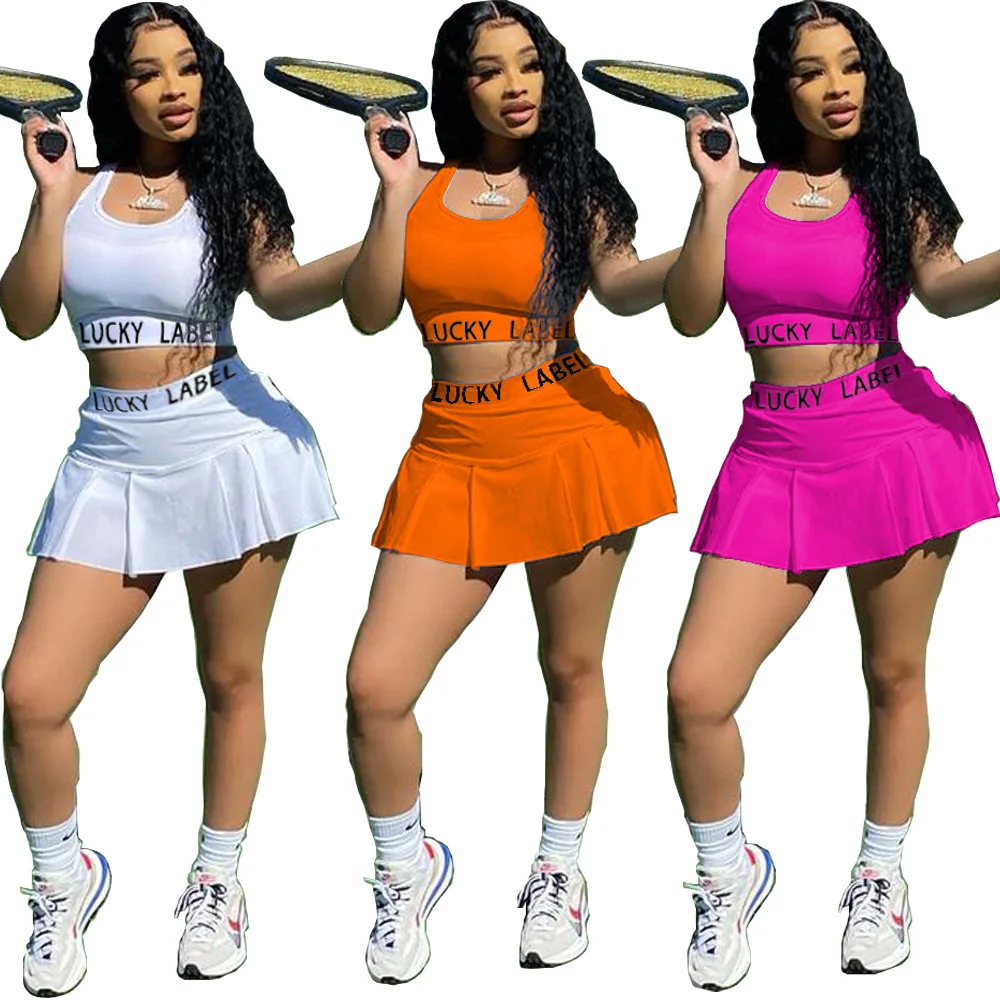 

Fitness Tracksuit Matching Crop Top Summer Sets Tennis Womens Clothing Two Piece Lucky Label Outfits Pleated Skirt Matching Set
