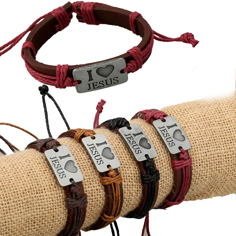 

Accept Small Order Wholesale Leather Jewelry 'I LOVE JESUS' Alloy Cowhide Bracelet, Picture shows