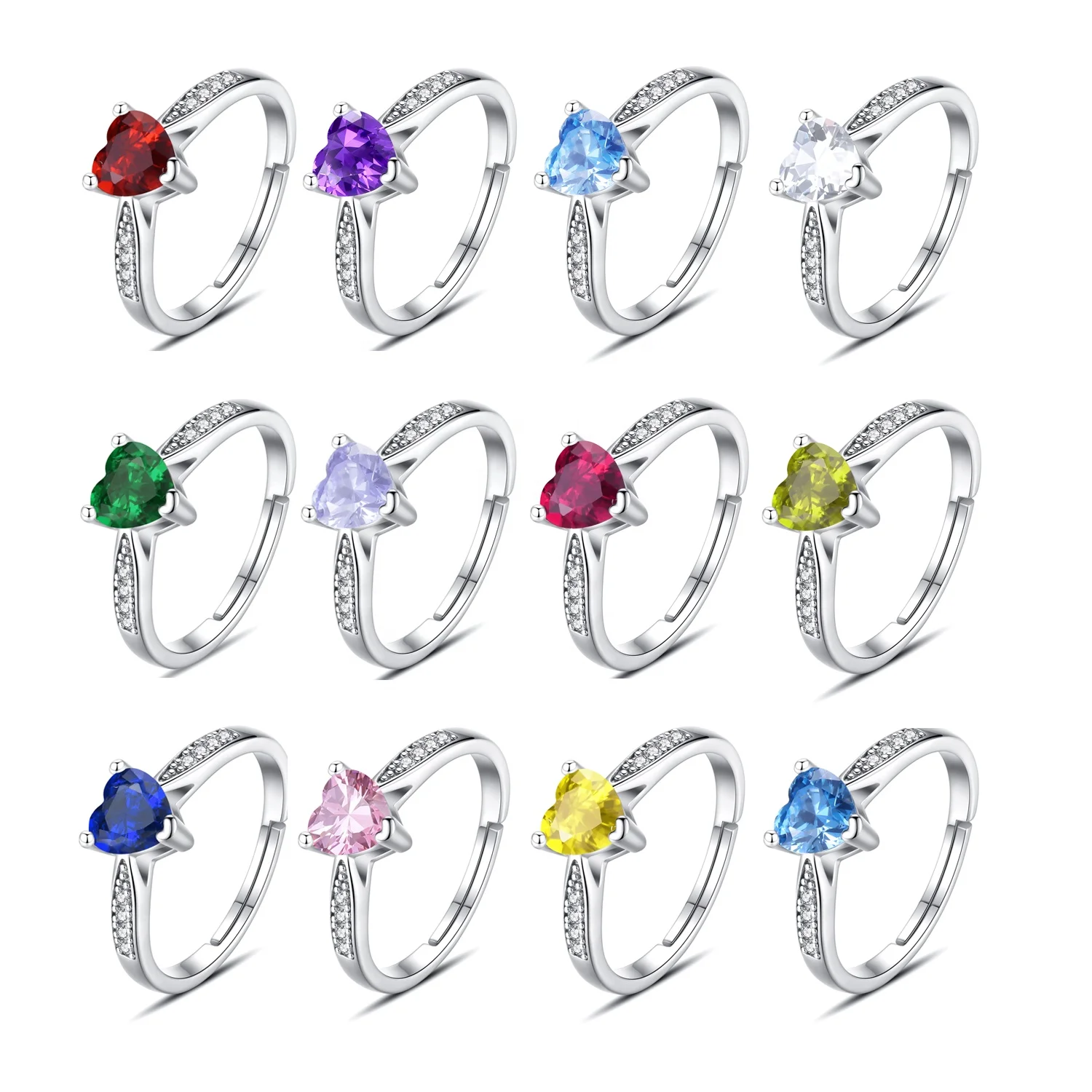 Isunni Delicate Birthstone S925 Sterling Silver Heart Shape Opening Adjustable Rings