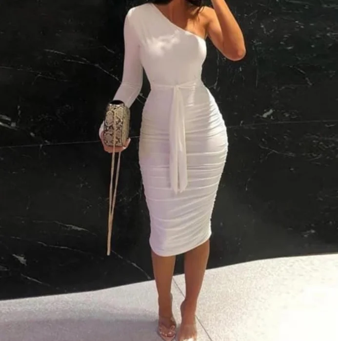 

Fashion Elegant White Long Sleeve Women Club Dresses 2020 Summer One Shoulder Midi Bodycon NightClub Dresses Women Sexy Club, Colors bodycon sexy club dresses
