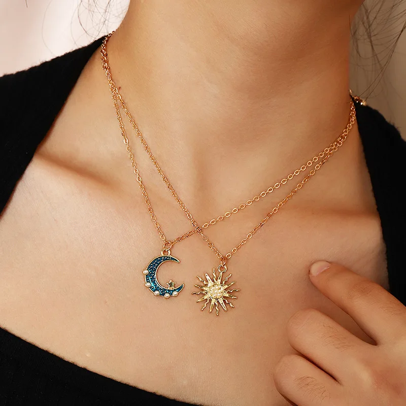 

Fashion Jewelry Creative Vintage Double Layered Personalized Sun Moon Link Chain Necklace for Women