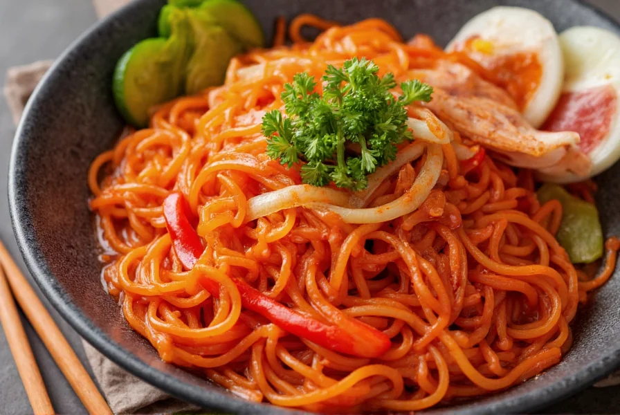 Close-up of vibrant red pepper noodles in a traditional Korean bowl with garnishes