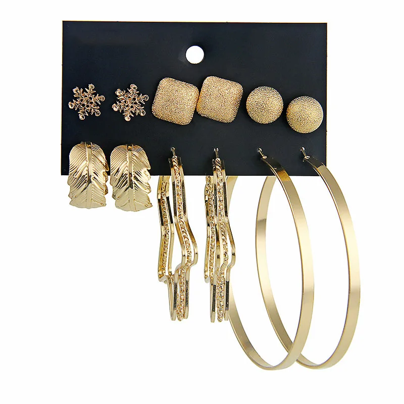 

6Pairs Assorted Gold Plated Snowflake Star Stud Earrings Set Punk Exaggerated Circle Hoop Statement Earrings Women Jewelry
