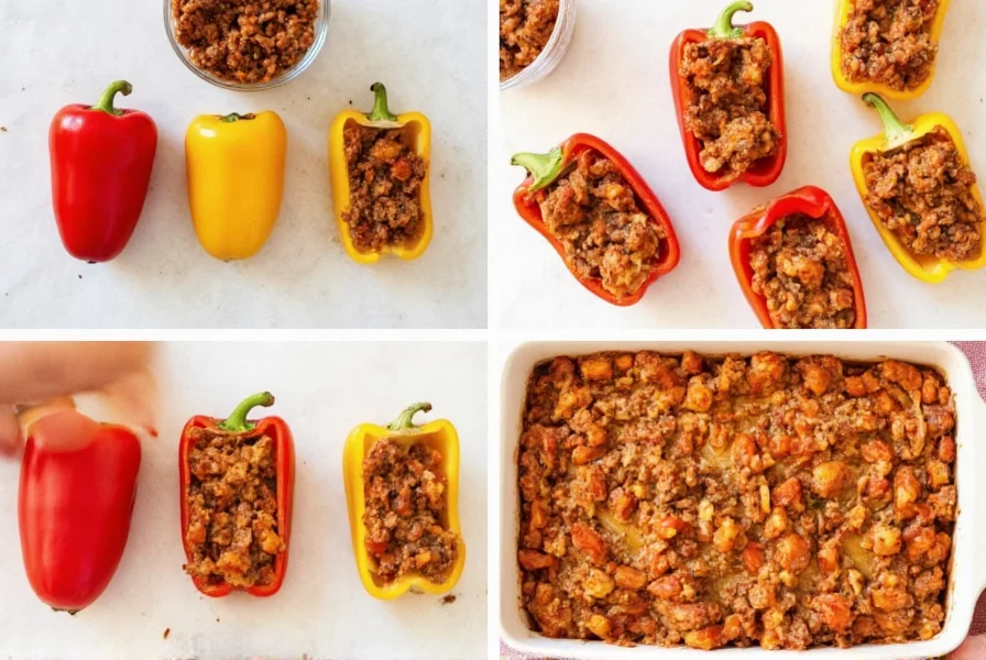 Step-by-step photos of easy stuffed peppers recipe showing pepper preparation, filling mixture, and finished baked dish