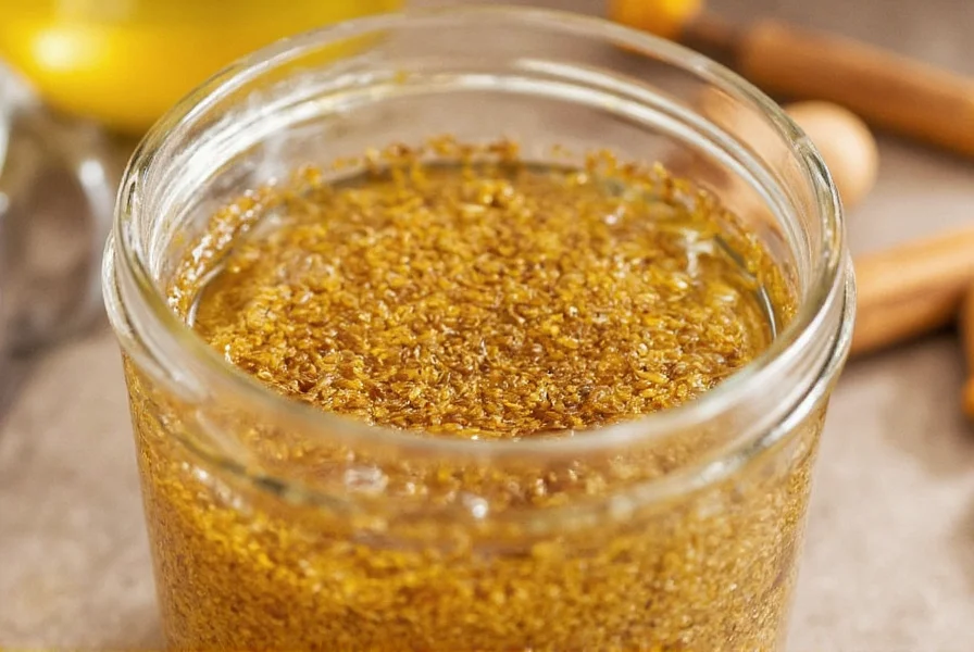 Close-up of golden cumin seeds soaking in clear glass jar of water with morning sunlight
