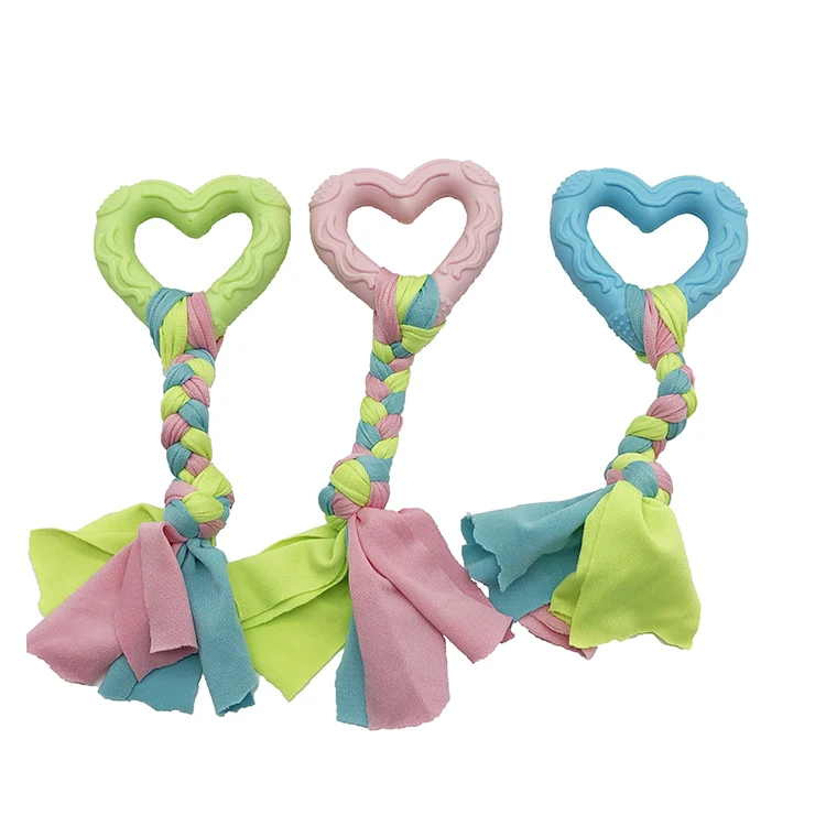 

Eco-friendly Dog Pet Puppy Soothes Gums Teething Love Heart Natural Rubber Dog Toys With Cotton Rope Knot, Customized color