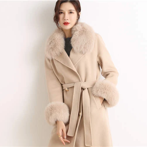 

2020 Fashion Double Breasted Faced Wool Coat Women Wool Cloth Long Overcoat Outwear Trench, Beige,blue ivory,pink,black