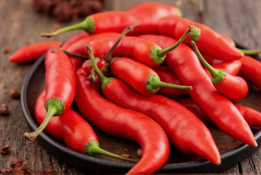 Close-up view of fresh cayenne peppers on a wooden table showing their vibrant red color and slender shape