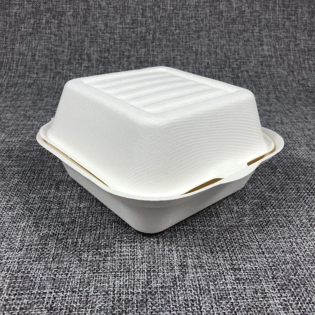 

R01 15%off sugarcane bagasse food container biodegradable envase clamshell tableware dinnerware compostable disposable with lid, White and beige