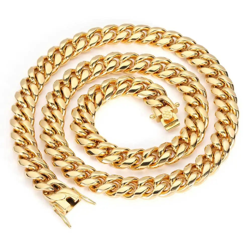 

Faucet Clasp Stainless Steel Cuban Chain Men's Necklace Polished Lock Hip Hop Titanium Steel Necklace, Gold