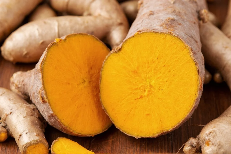 Turmeric root cross-section showing vibrant orange interior and comparison with fresh ginger