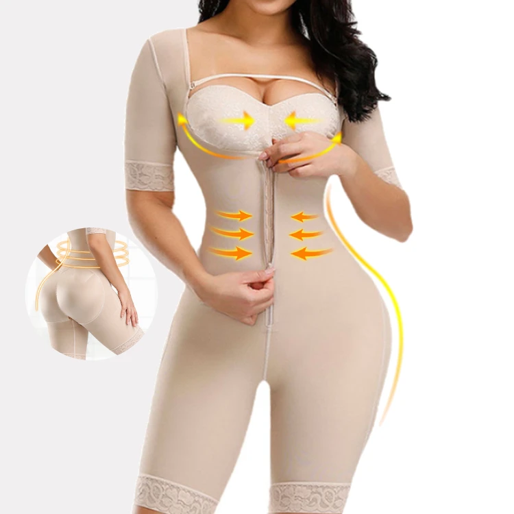 

2019 Wholesale Removable Straps Full Body Women's Shaper Slimming Lace Bodysuit Shapewear with sleeves, Black hot sweat slimming latex waist trainer