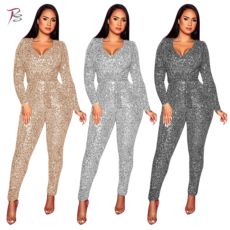 

Club girl sequins solid color belt jumpsuit plus size one piece jumpsuit, 3 colors